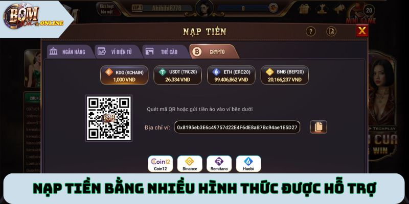 Nạp tiền Bomwin bằng nhiều hình thức được hỗ trợ