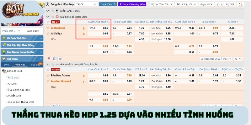 Thắng thua kèo HDP 1.25 dựa vào nhiều tình huống